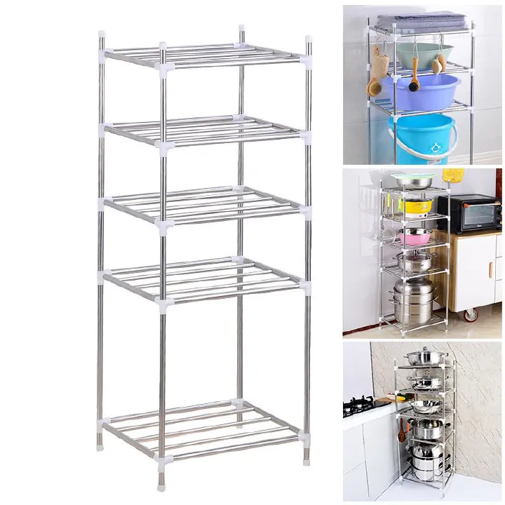 5-Tier Kitchen Storage Shelves Garage Shelving 5-Layer Assembly Stainless Steel Kitchen Shelving Pot Holder Bathroom Wash Basin Storage and Organizing Rack Bathroom Storage Rack Pot Racks