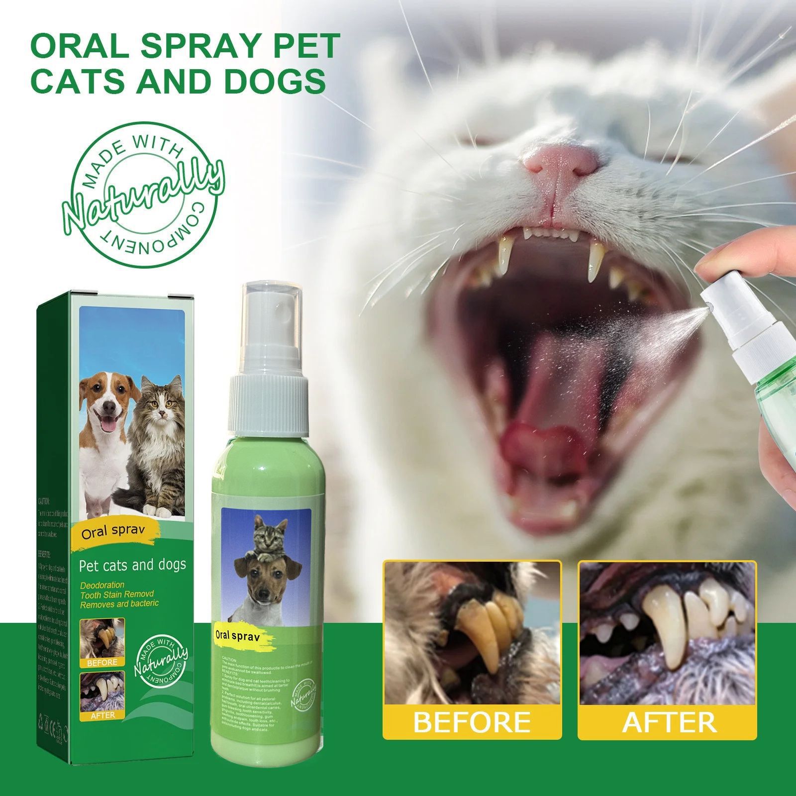 Dog and Cat Tooth Care Spray - 60ml Oral Freshener, Dental Cleaning for Pets