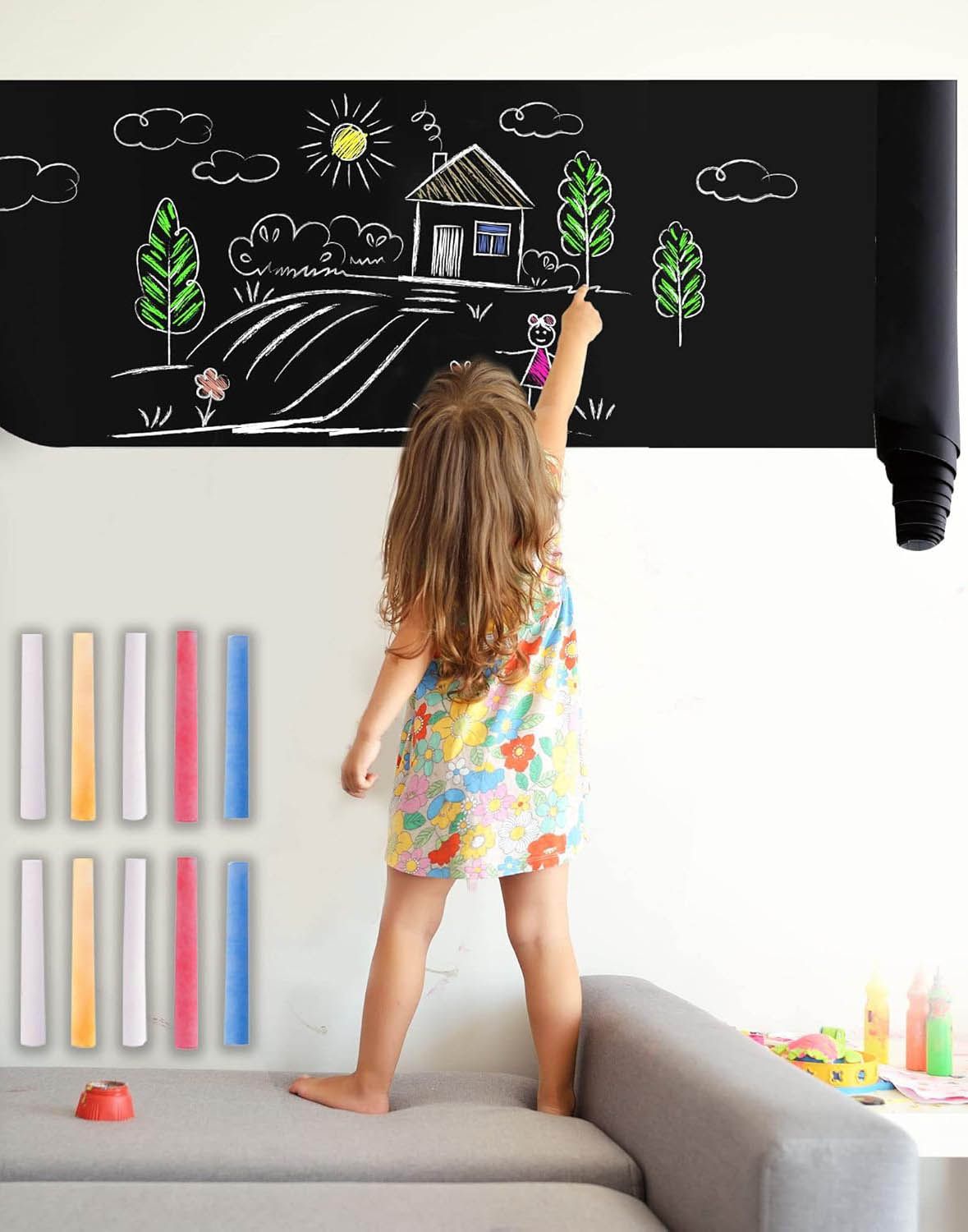 Blackboard Sticker Removable Adhesive Vinyl Chalkboard Paper Roll Wall Memo Chalk Board Decal Paper for Home Kitchen Office School Menu - 1 Roll with 5pcs Chalks - 45cm x 110cm