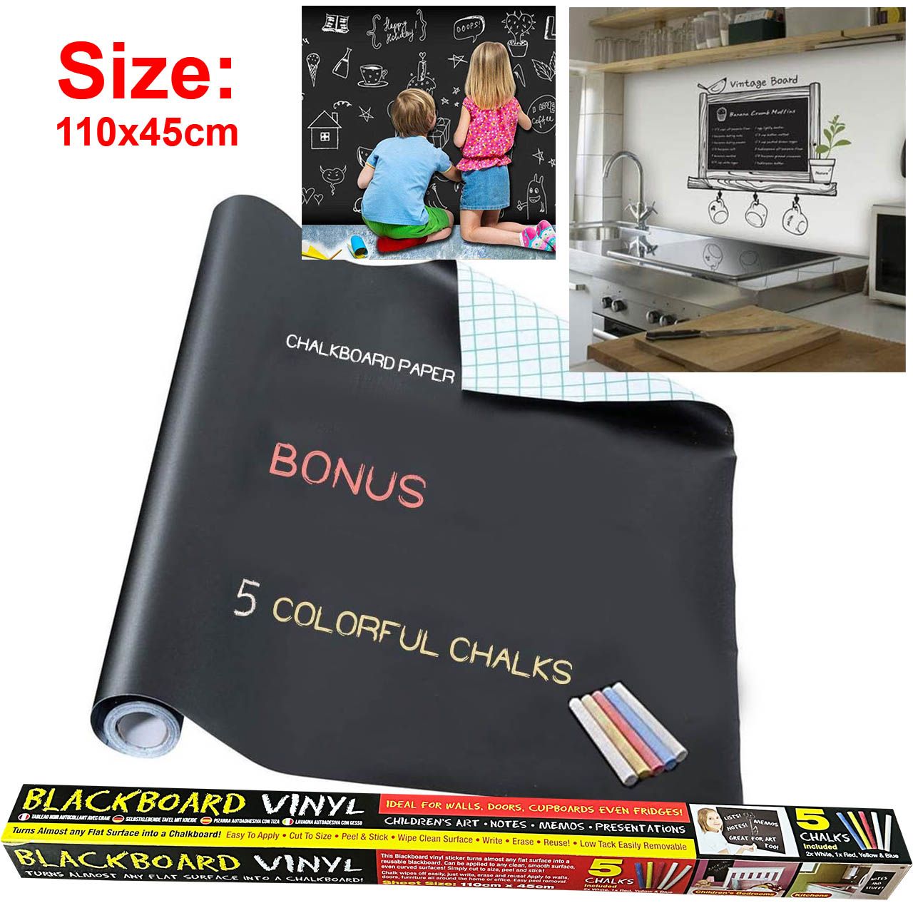 Blackboard Sticker Removable Adhesive Vinyl Chalkboard Paper Roll Wall Memo Chalk Board Decal Paper for Home Kitchen Office School Menu - 1 Roll with 5pcs Chalks - 45cm x 110cm