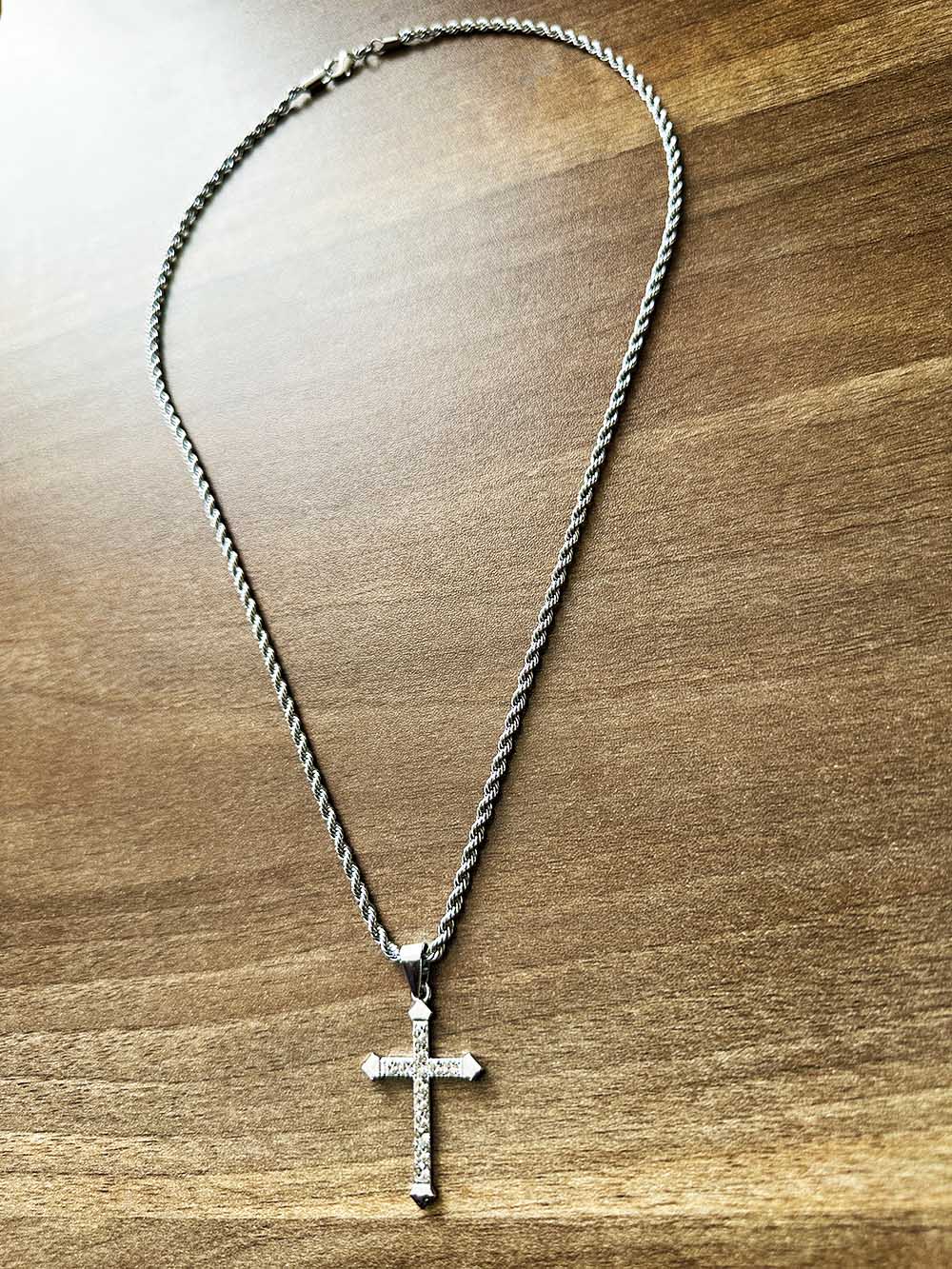 Silver Iced Cross Pendant + 60cm Random Chain Crucifix Unisex Necklace