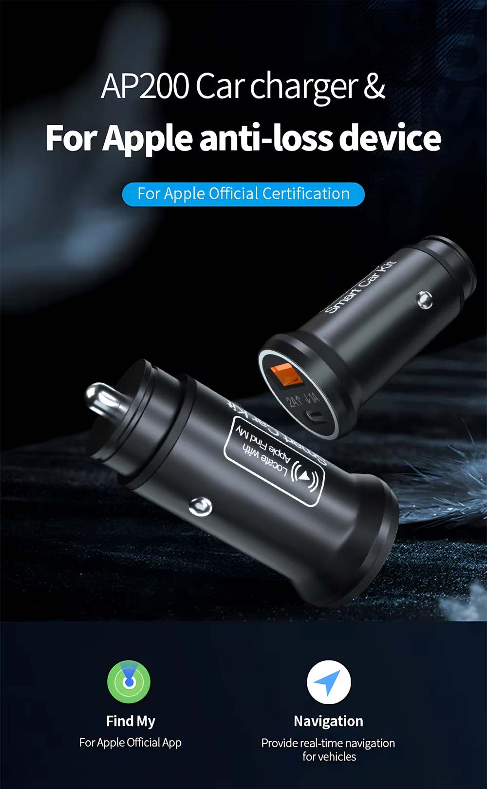 Mini Car Charger Adapter 20w + GPS Tracker works with Apple Find My Device MFi iOS System Plug and Play USB Type C  Cigarette Lighter Hidden Locator Smart Tracking Tool AP200