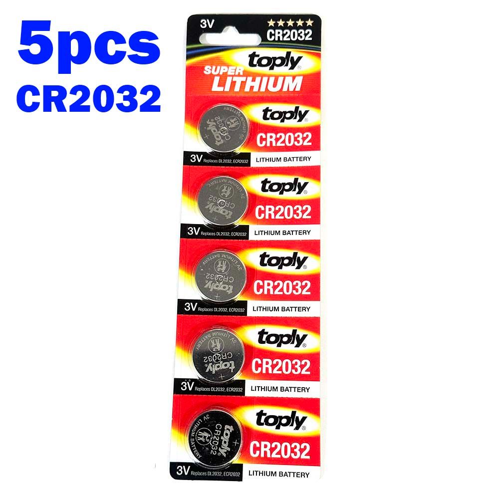 Toply 5pcs CR2032 Battery 3V Super Lithium 5 Cells (CR 2032 / Batteries DL2032 / ECR2032/) For Computer Motherboards, Remotes, LED Lights, Glucometers, Toys, Car Key FOB, Scales.