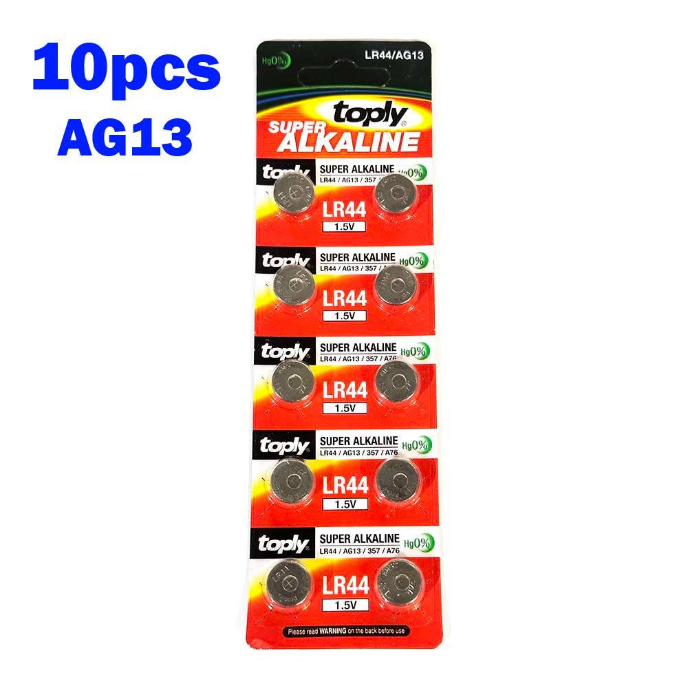 Toply 10pcs AG13 Super Alkaline Batteries A76 LR44 357A S76E G13 Coin Shaped Button Cell Battery 1.55V Calculators Thermometers Electronic Toys Computer Motherboards Dog Collars Medical Laser Poin