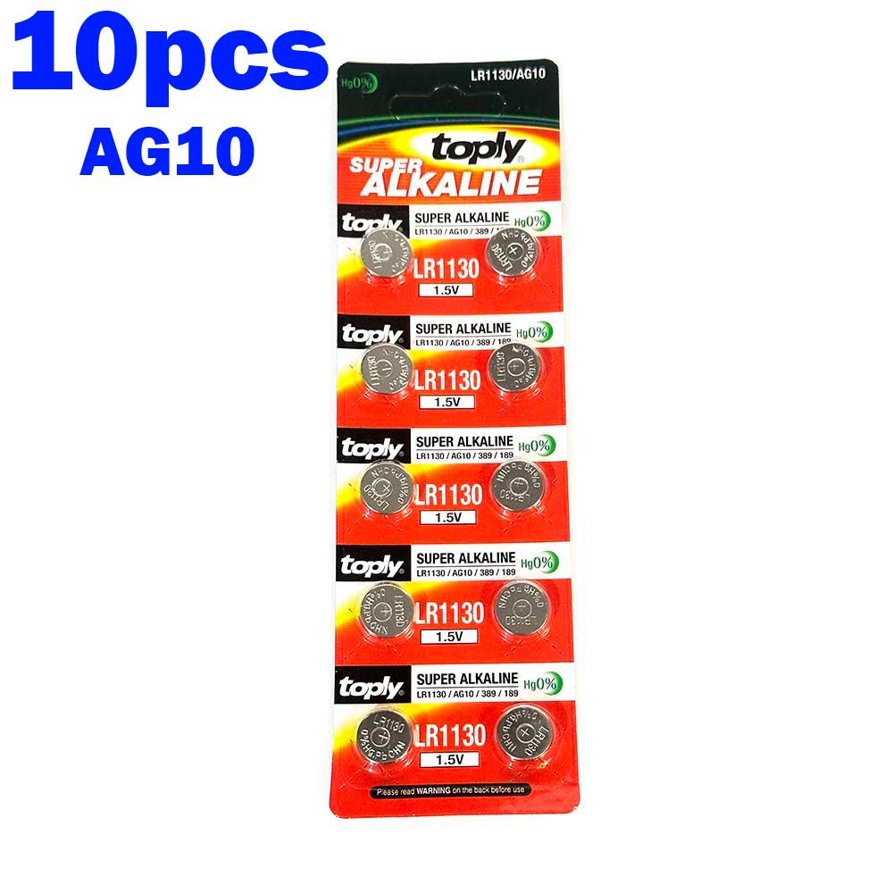 Toply 10pcs Pack AG10 LR1130 Super Alkaline Battery 1.5V Button Cell Batteries DLR1130