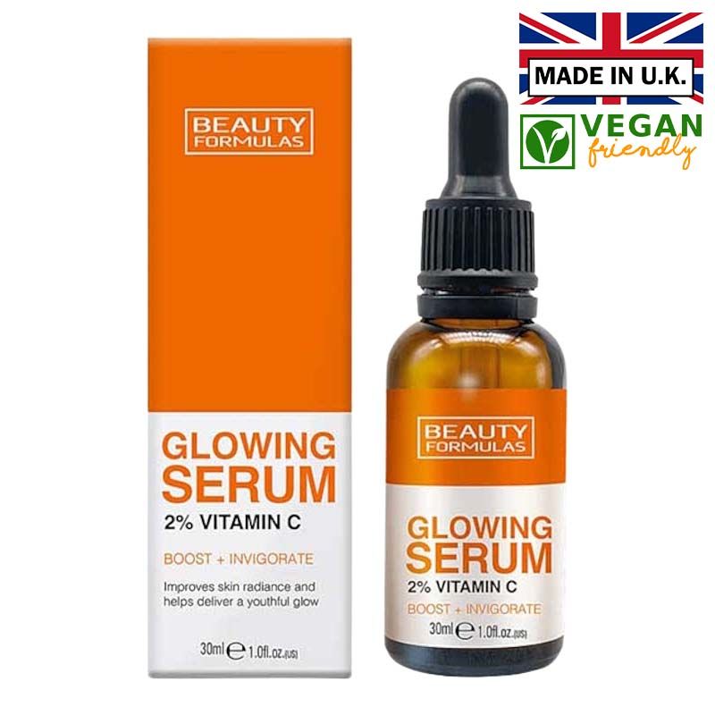 Beauty Formulas 2% Vitamin C Glowing Serum - Boost + Invigorate - Made in U.K. - Vegan Friendly Facial Serums
