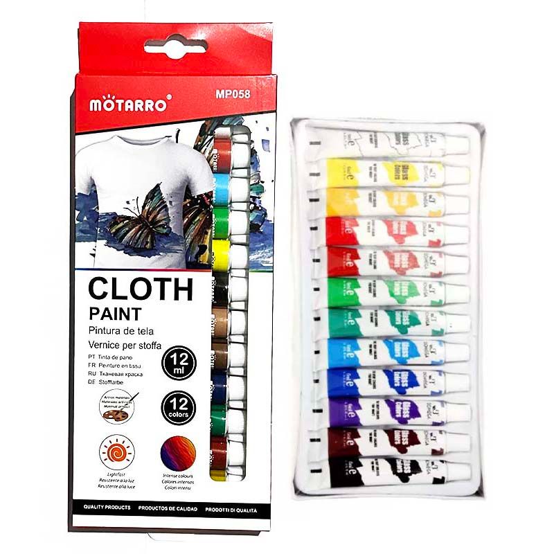 Cloth Paint - 12 Colors x 12ml each - Intense Colours - Kids School Painting - Motarro
