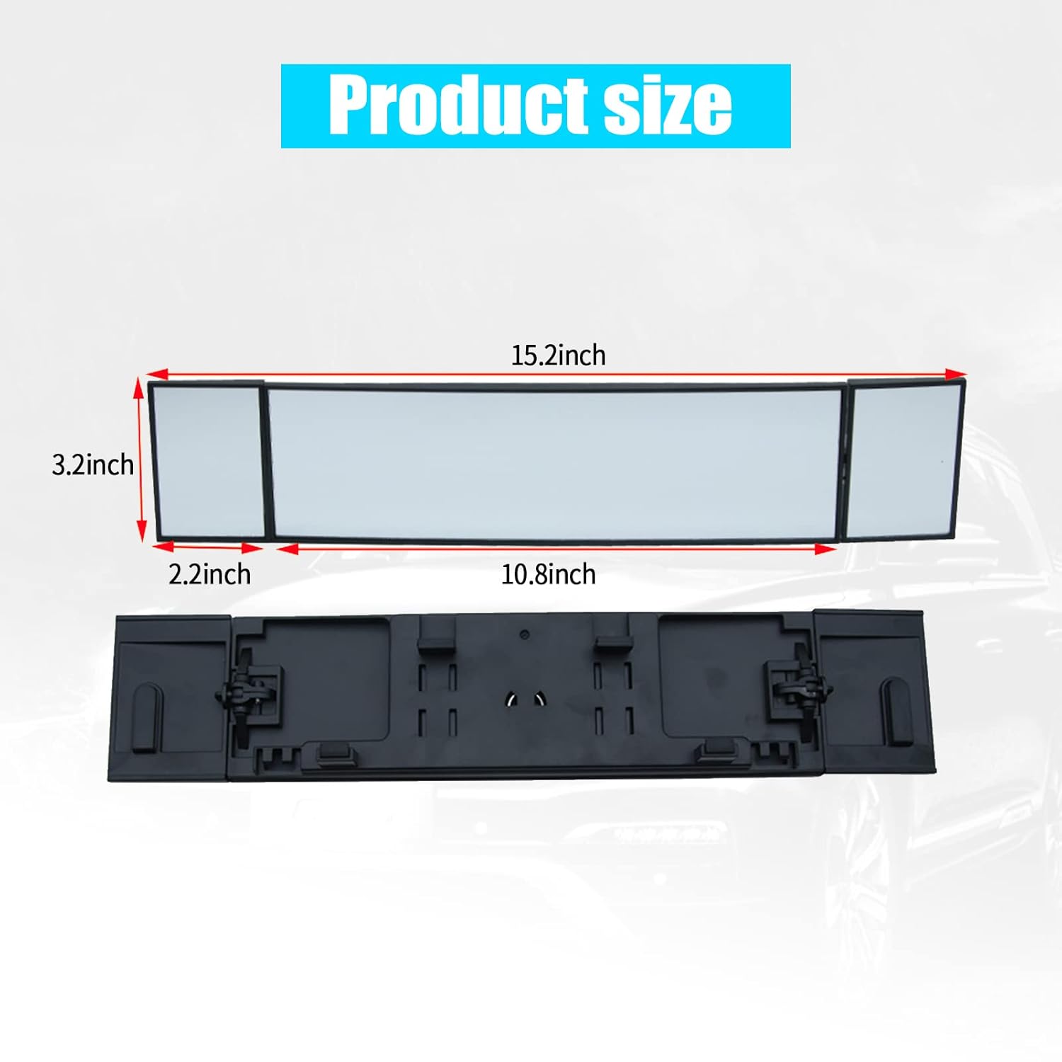 Car Rear View Mirror, Three-fold Curved Rearview, 15.19" x 3.14" Large HD Panoramic Blindspot & Baby , Universal for Most Cars (Black)