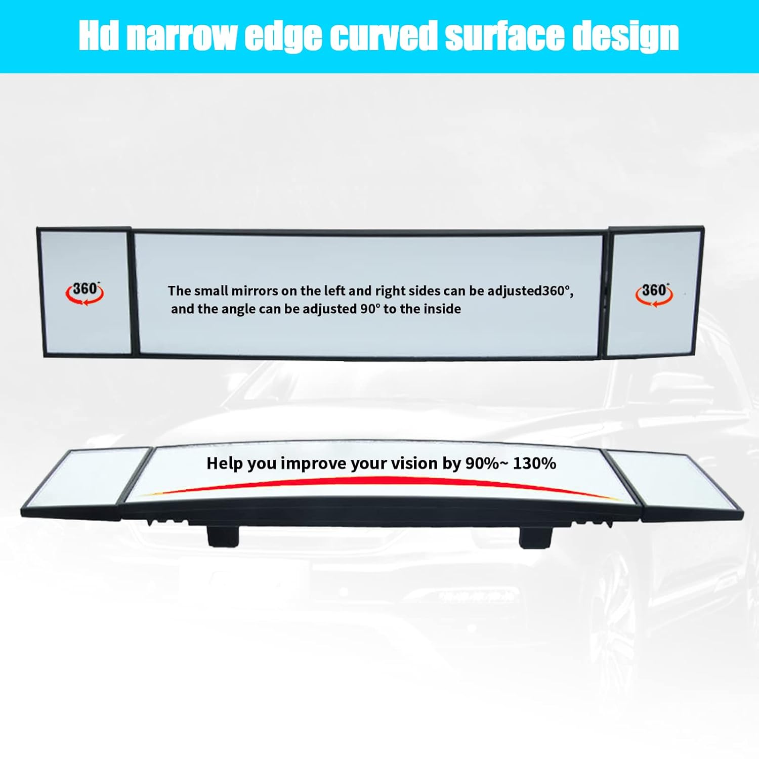 Car Rear View Mirror, Three-fold Curved Rearview, 15.19" x 3.14" Large HD Panoramic Blindspot & Baby , Universal for Most Cars (Black)