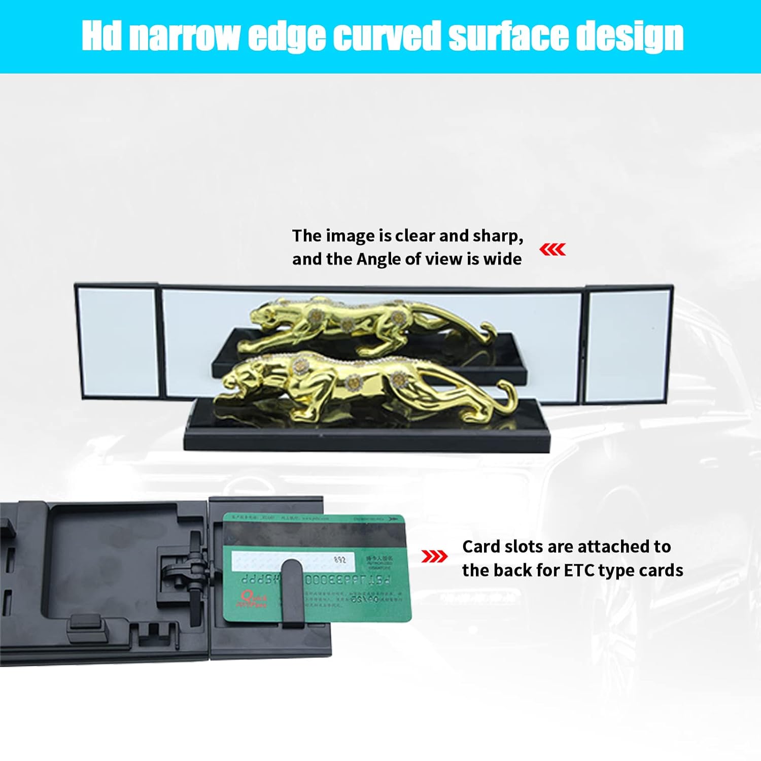 Car Rear View Mirror, Three-fold Curved Rearview, 15.19" x 3.14" Large HD Panoramic Blindspot & Baby , Universal for Most Cars (Black)