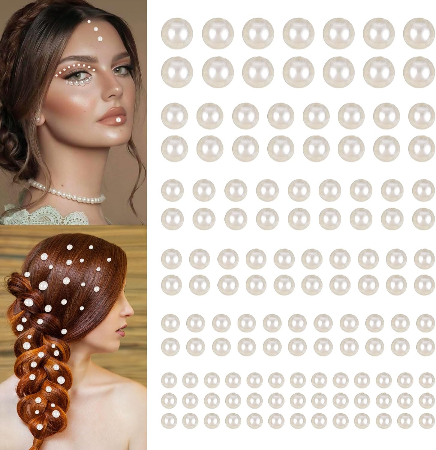 165pcs Mix 3/4/5/6mm Hair Faux Pearls Stick On Self Adhesive Pearl Face Stickers for Hair Makeup Nail DIY Craft Jewelry Half Round Acrylic Sheet