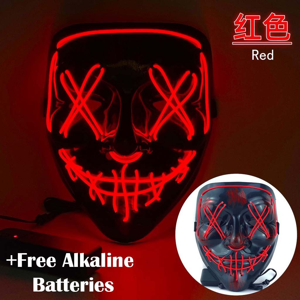 Red Cosplay LED Light Up Neon Mask Halloween Purge Masque Masquerade Party Masks Glowing Horror Glow in The Dark Costume Design, Festival, Raves + 2AA Alkaline Batteries