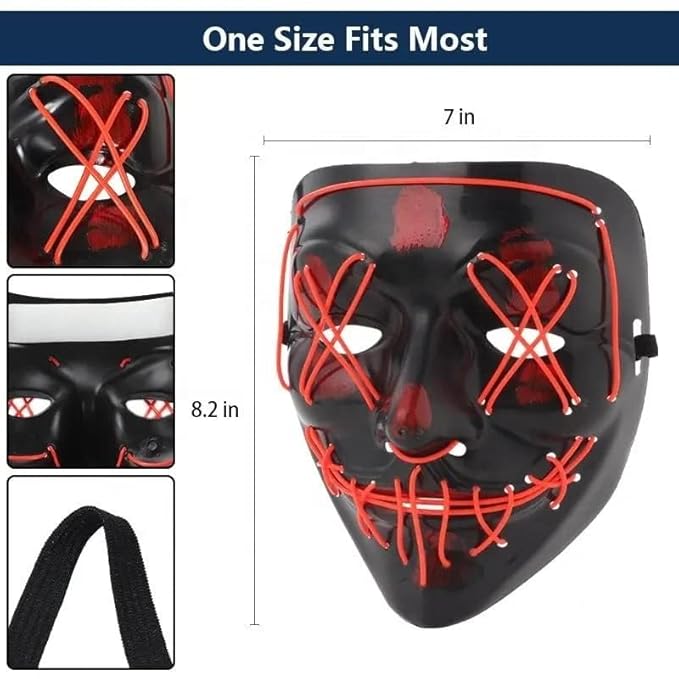 Red Cosplay LED Light Up Neon Mask Halloween Purge Masque Masquerade Party Masks Glowing Horror Glow in The Dark Costume Design, Festival, Raves + 2AA Alkaline Batteries