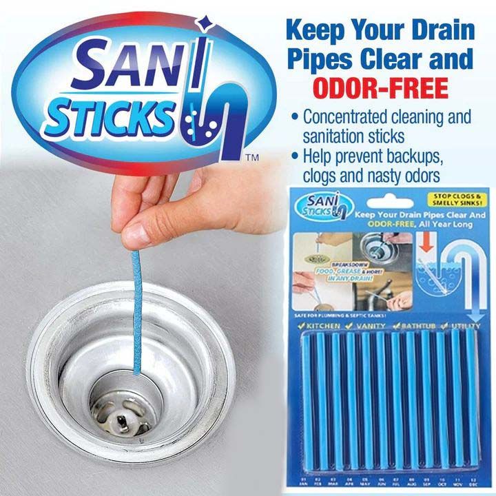 Pack of 12x Sani Sticks Drain Cleaner Kitchen Bath Sink Cleaning Odour Dirt remover Tool