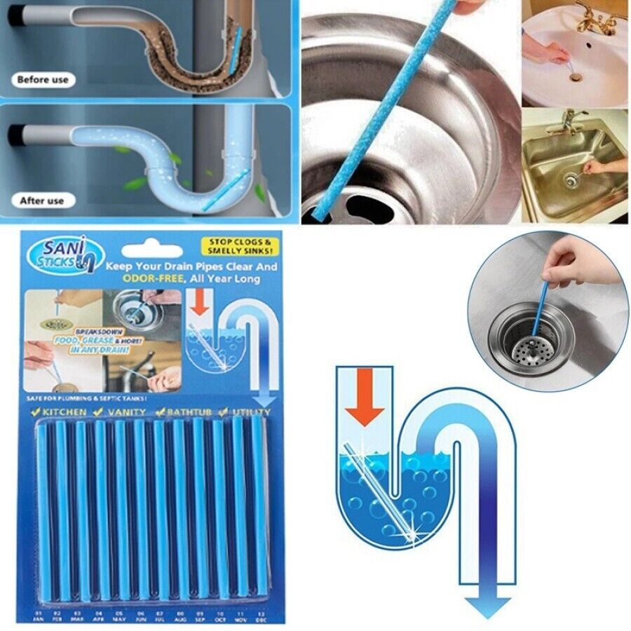 Pack of 12x Sani Sticks Drain Cleaner Kitchen Bath Sink Cleaning Odour Dirt remover Tool