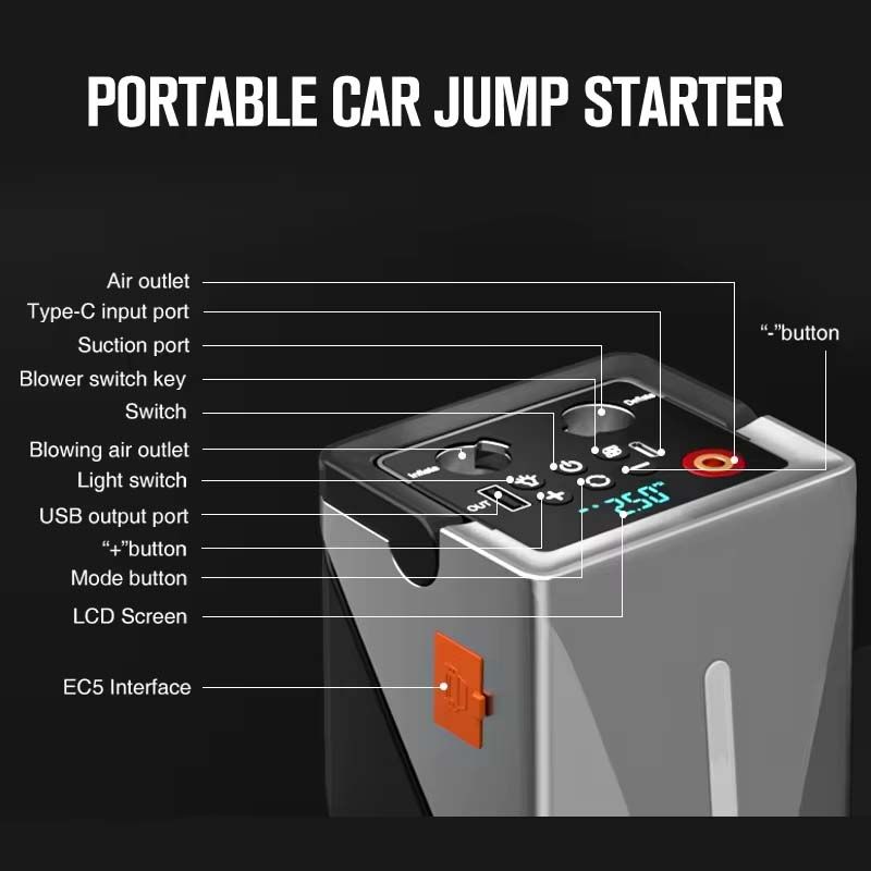 Multifunctional Car Starting Power Supply Car Mounted Tyre Inflation Pump Air Bed Suction and Blowing Integrated Machine New 12V Power Bank Compressor Battery Booster Jump Starter