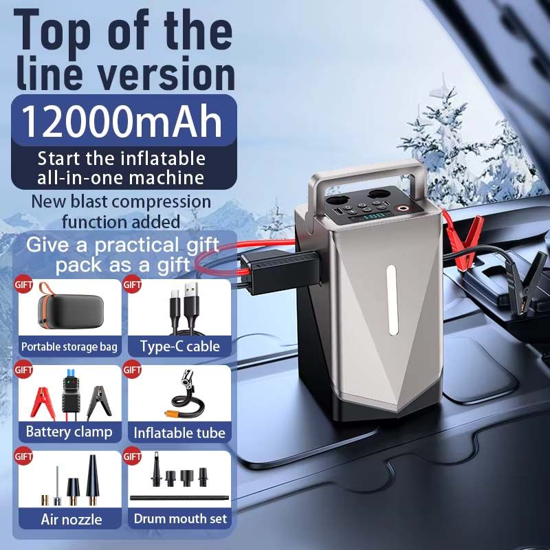 Multifunctional Car Starting Power Supply Car Mounted Tyre Inflation Pump Air Bed Suction and Blowing Integrated Machine New 12V Power Bank Compressor Battery Booster Jump Starter
