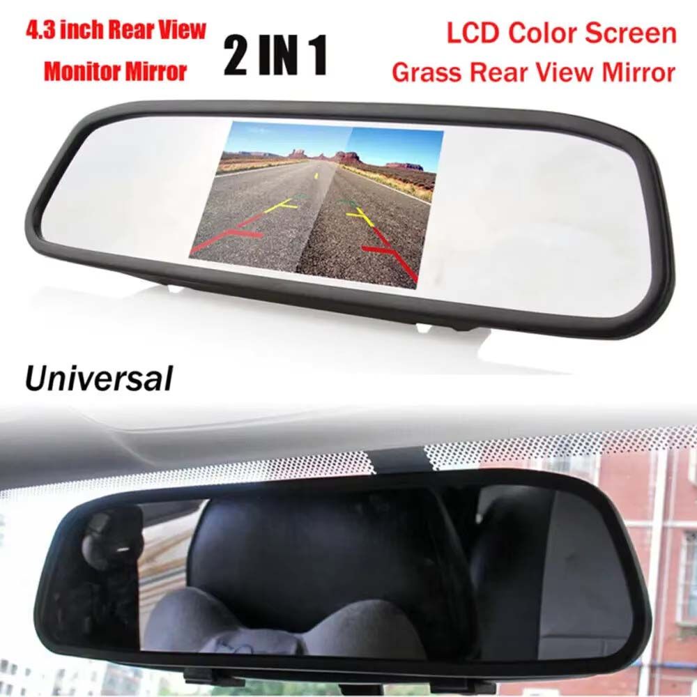 4.3 inch Car Video Monitor Auto Rear View Mirror LCD Screen 12V Universal Mount Clip-On Current Mirror for Backup Camera/Front Camera/Media Player/Safety Driving 2 Ways RCA Input