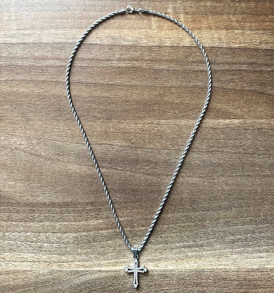 Cross Iced-Out Pendant + 60cm(24") Long Twisted Chain Silver Necklace Unisex Quality Rhinestones Crystals Men Women Christian Crucifix