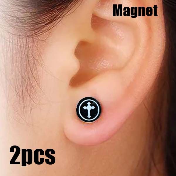 Magnetic Black Cross Ear Cuff Earrings for Men and Women Studs, No Piercing, Clip-On, Non-Pierced