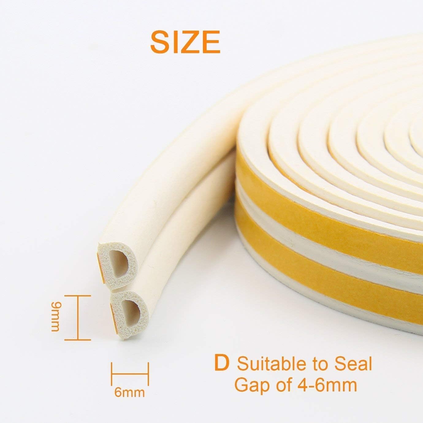 Self-Adhesive D Shape, EPDM, Rubber Door/Window Insulation Tape in White Color Single Sided Weather Strip Draught Excluder Anti-Collision Stripping Soundproofing Avoidance