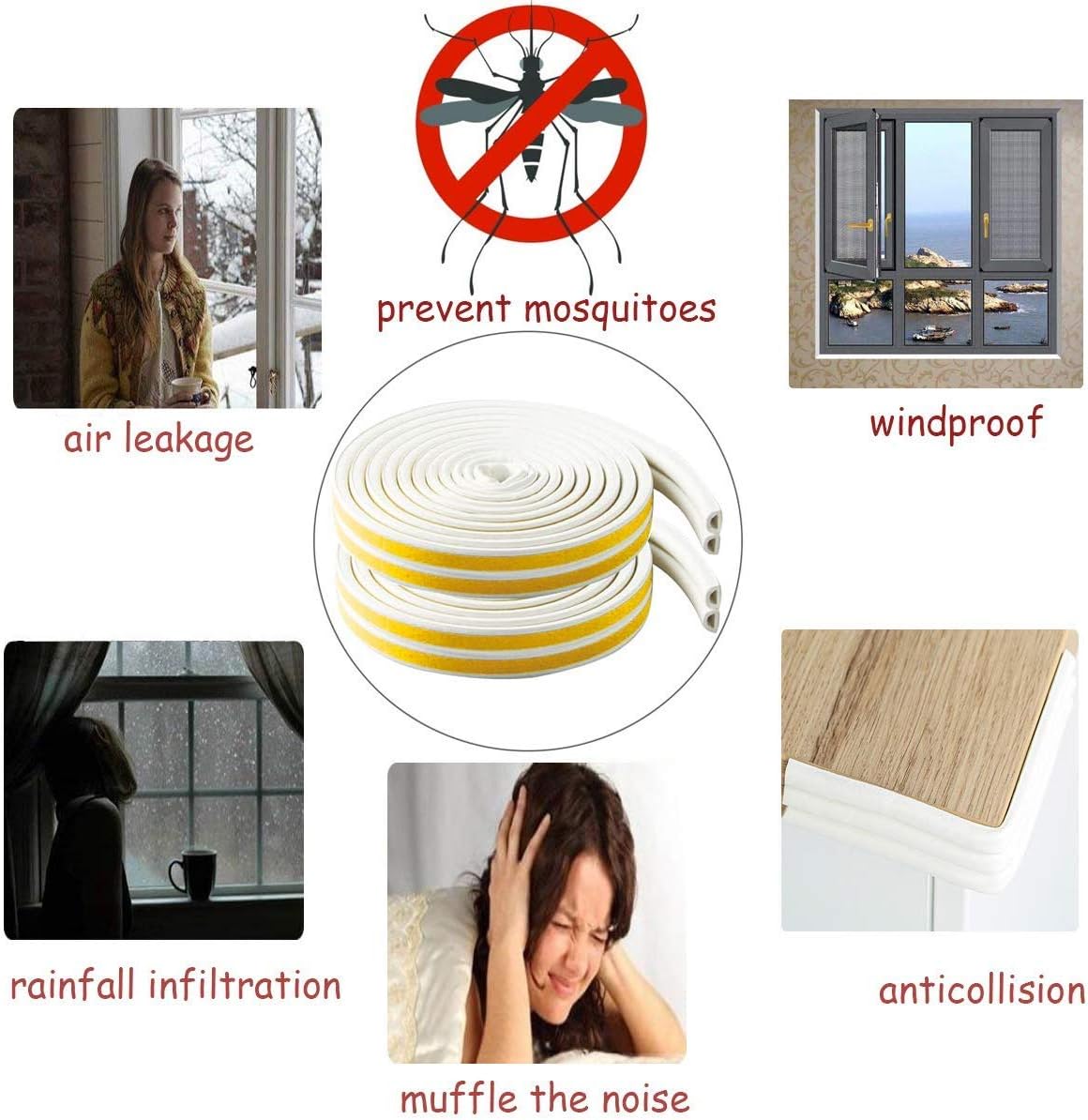 Self-Adhesive D Shape, EPDM, Rubber Door/Window Insulation Tape in White Color Single Sided Weather Strip Draught Excluder Anti-Collision Stripping Soundproofing Avoidance