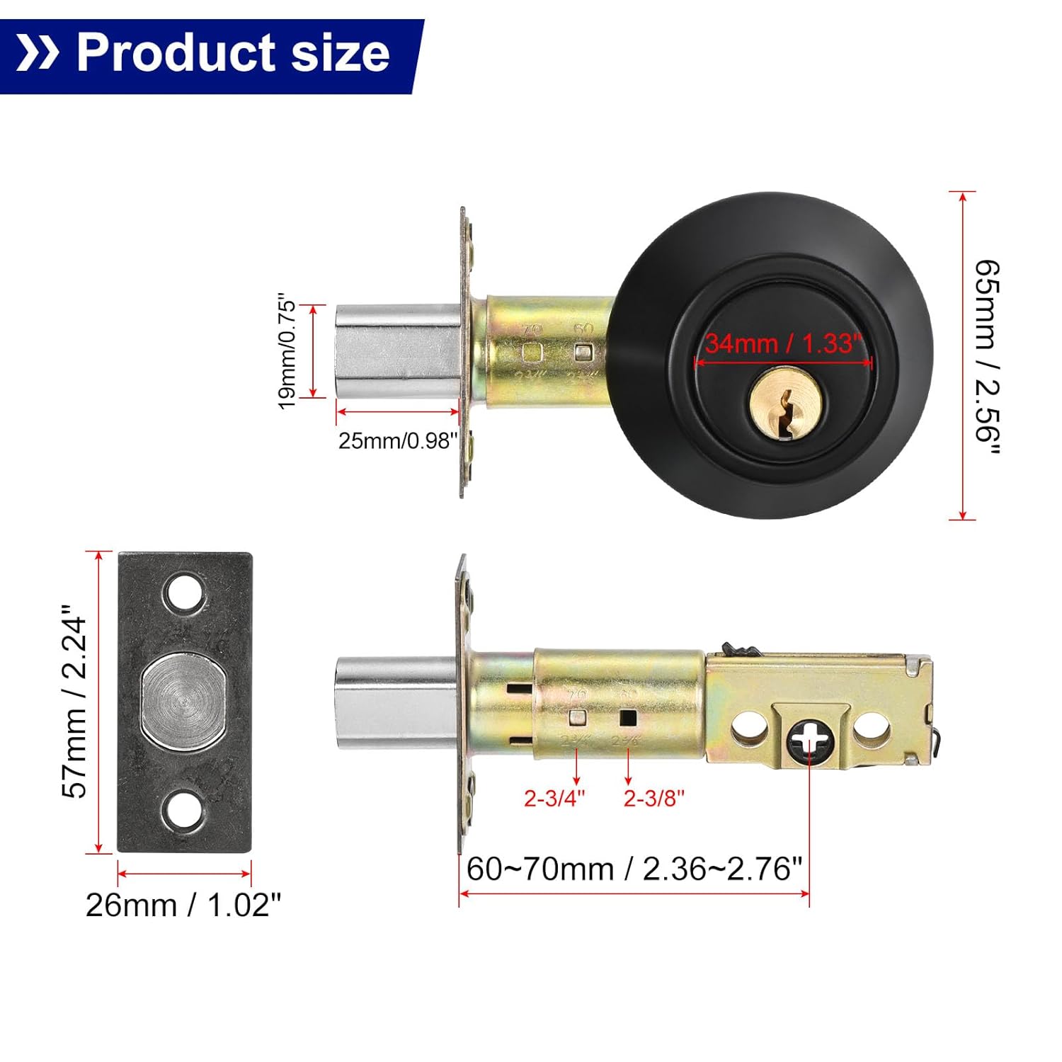 Black Modern Oil Rubbed Stainless Steel Deadbolts with Keys and Adjustable Latch for Exterior and Interior Doors Entrance Lock Key Unlocking Outside Button Locking Inside