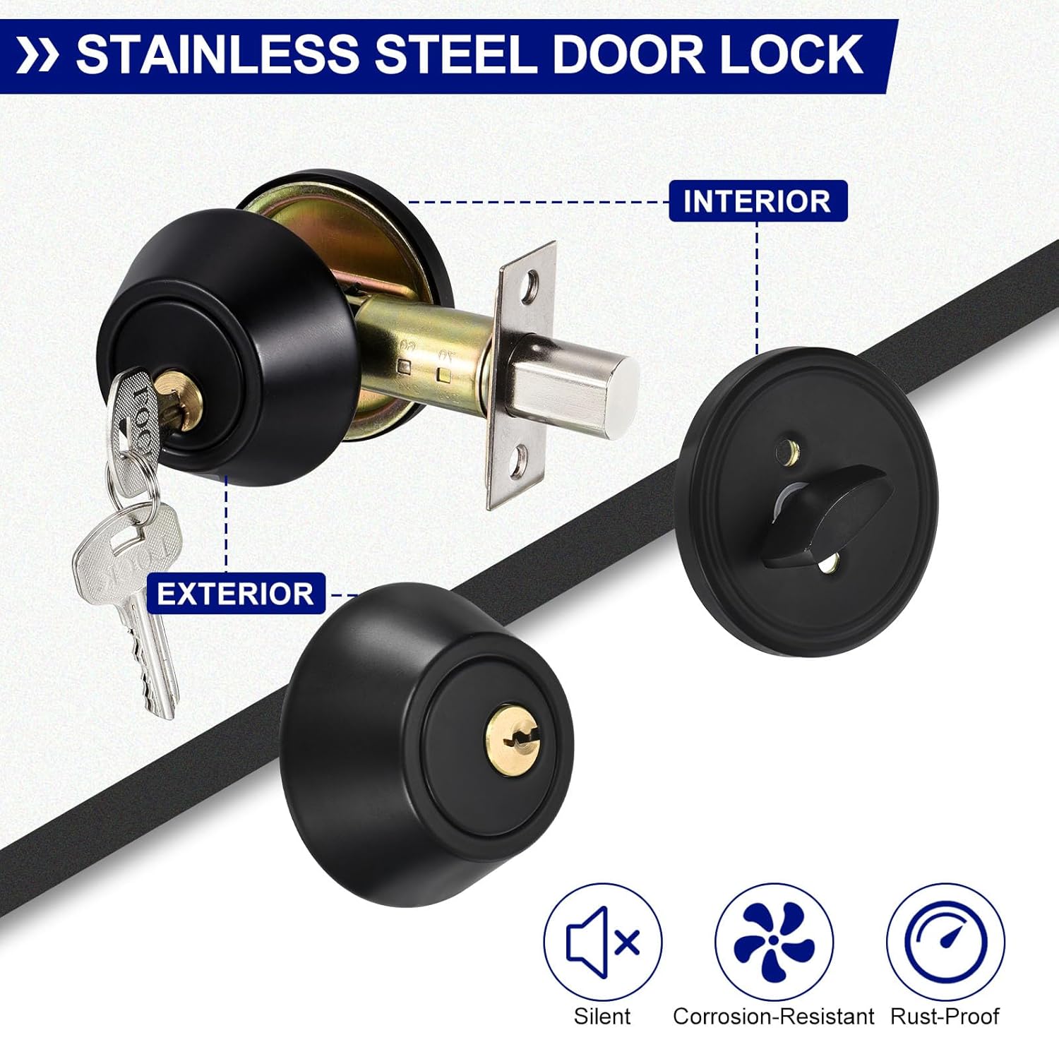 Black Modern Oil Rubbed Stainless Steel Deadbolts with Keys and Adjustable Latch for Exterior and Interior Doors Entrance Lock Key Unlocking Outside Button Locking Inside