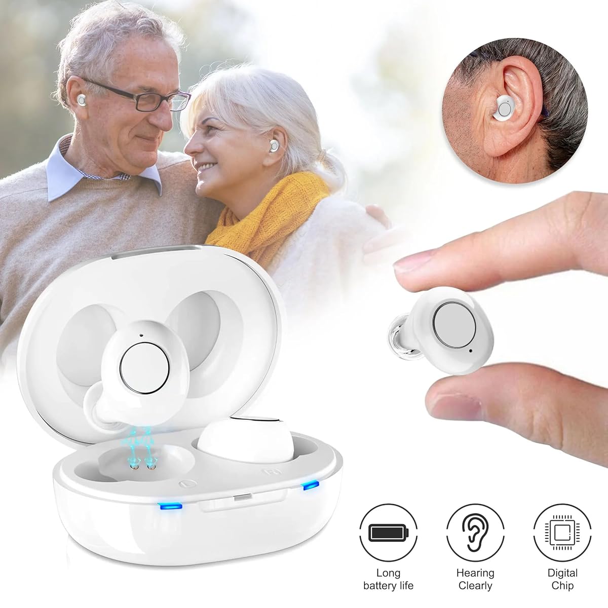 Jinghao Hearing Aids A39 Rechargeable Ear Amplifier Portable Charger Case Upgrade Version ITE White with Intelligent Low-Noise(Cancelling) Digital Sound Voice Mini