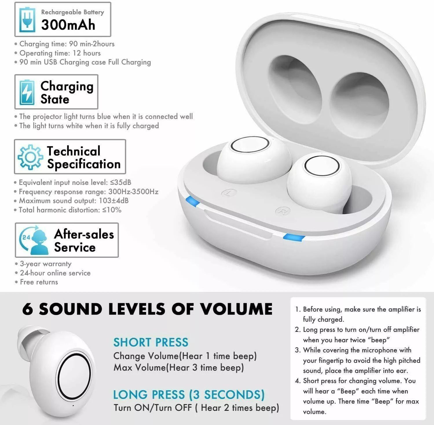 Jinghao Hearing Aids A39 Rechargeable Ear Amplifier Portable Charger Case Upgrade Version ITE White with Intelligent Low-Noise(Cancelling) Digital Sound Voice Mini