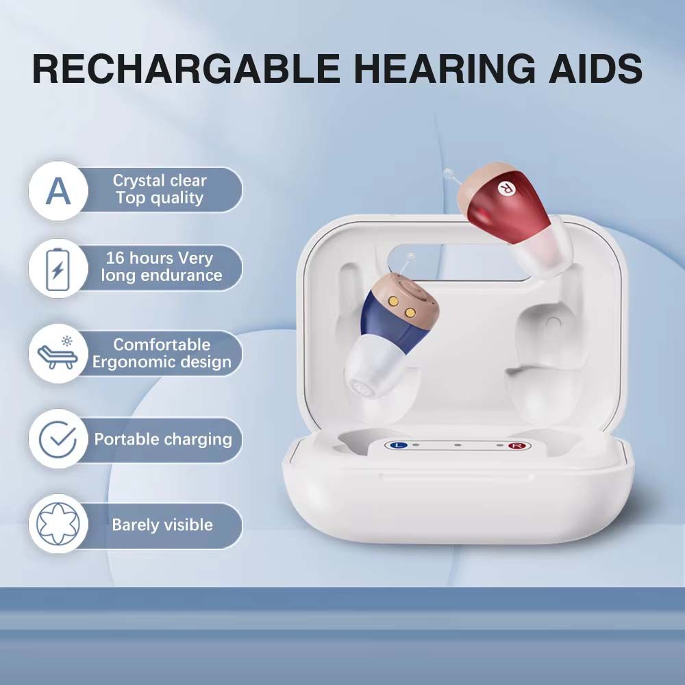Jinghao Rechargeable Hearing Aids Premium Digital CIC Mini Ear Device Hearing Amplifier JH-A49 Sound Enhance One Pair with Charger Case L+R For Elderly Adult Fast Charging