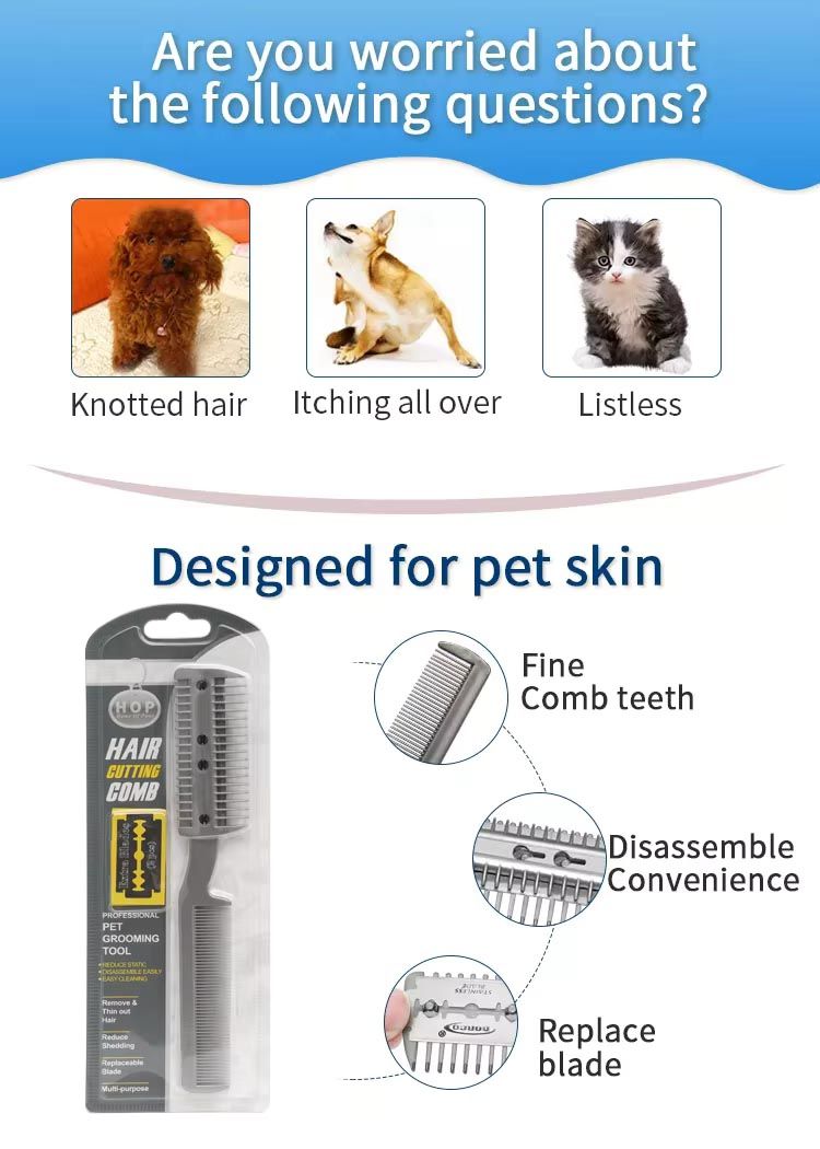 3 in 1 Cat Dog Hair Cutter Grooming Blade Pet Razor Comb + Extra Blades Fur Shaper Cutting Thinning Manual Dual-end Hair Trimmer Styler Cleaning Dead Hairs