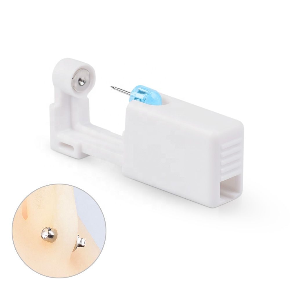 1pc Sterilized Disposable Safety Nose Ear Piercing Gun Device + Sterile Bezel Pearl Crystal Stud Ear Piercer Unit with Built-in Earrings