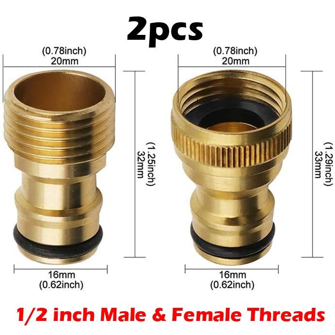 2pcs Male & Female Brass Threads Quick Connector Tap Garden Irrigation Faucet Nozzle Adapter 1/2 Thread Connection for Hose Washing Machine Fittings