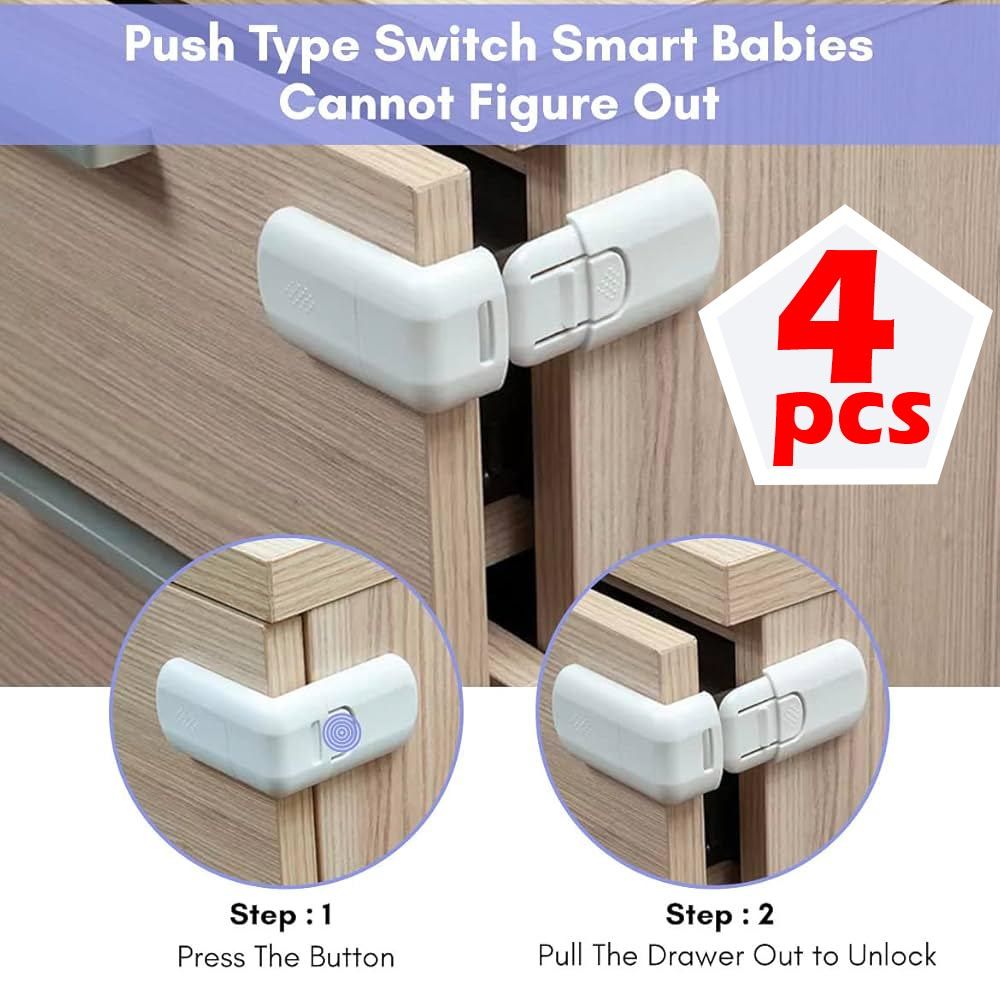 4 Pack Safe Cupboard Locks for Children, Baby Toddler Proof Corner Lock High Quality for Cabinet,Drawer,Cupboard,Refrigerator,Closet,Oven,Trash,Toilet,Oven,Easy Installation (White) 3M Strong Adhesive