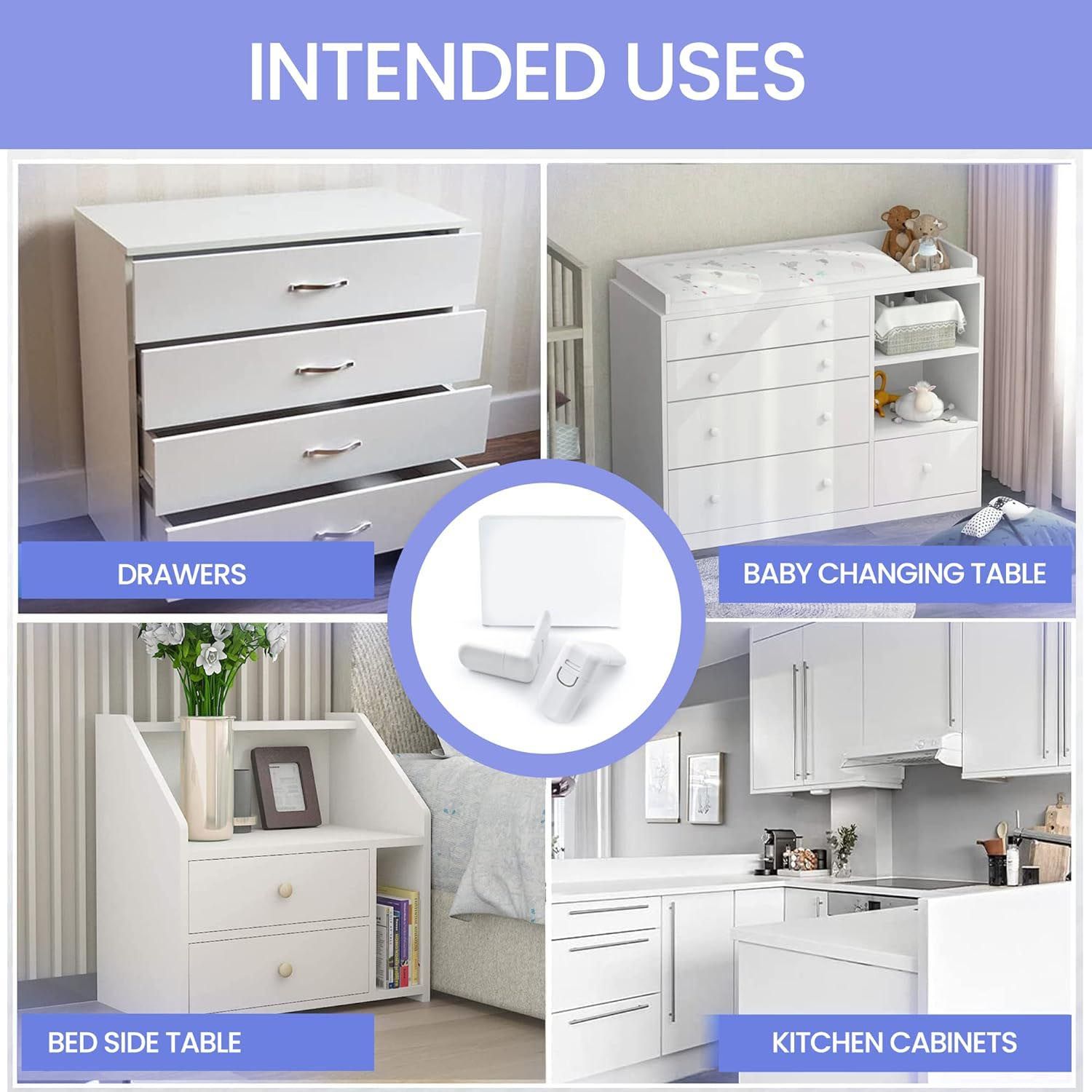 4 Pack Safe Cupboard Locks for Children, Baby Toddler Proof Corner Lock High Quality for Cabinet,Drawer,Cupboard,Refrigerator,Closet,Oven,Trash,Toilet,Oven,Easy Installation (White) 3M Strong Adhesive