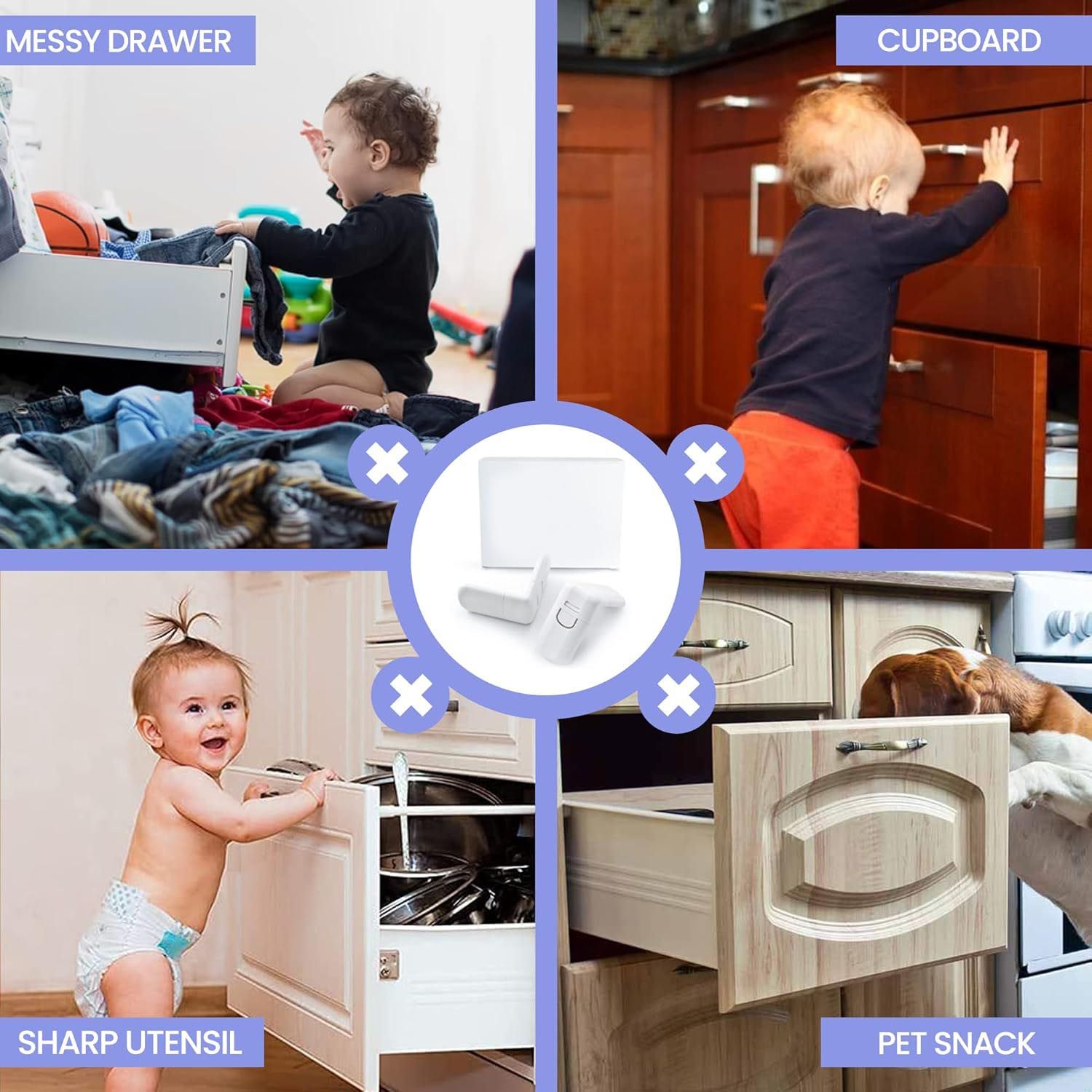 4 Pack Safe Cupboard Locks for Children, Baby Toddler Proof Corner Lock High Quality for Cabinet,Drawer,Cupboard,Refrigerator,Closet,Oven,Trash,Toilet,Oven,Easy Installation (White) 3M Strong Adhesive