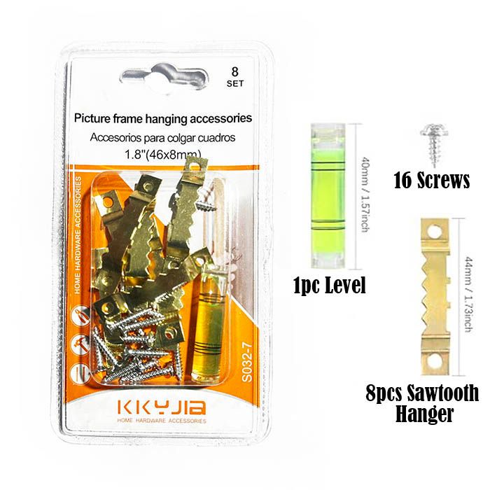 8 Set Sawtooth Hangers Picture Frame Hanging Kit + Mini Gradienter Level, Hooks, Screws Hardware for Paintings, Photos, Artwork, Home Decor, Clock