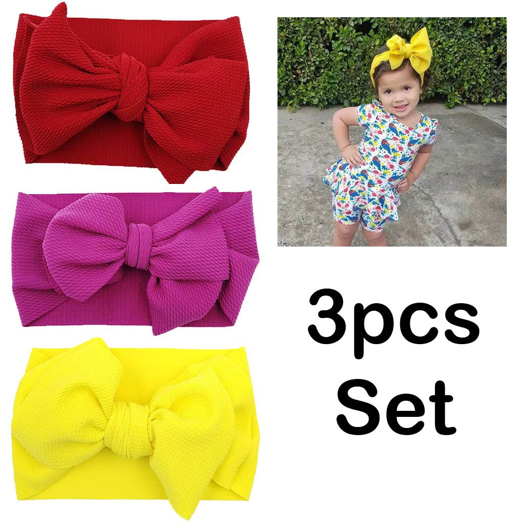 3pcs Maroon, Purple, Yellow Baby Head Band Wrap Hat Caps Headband Big Bow Infant Newborn Kids Stretch Turban Knot Girls Toddlers