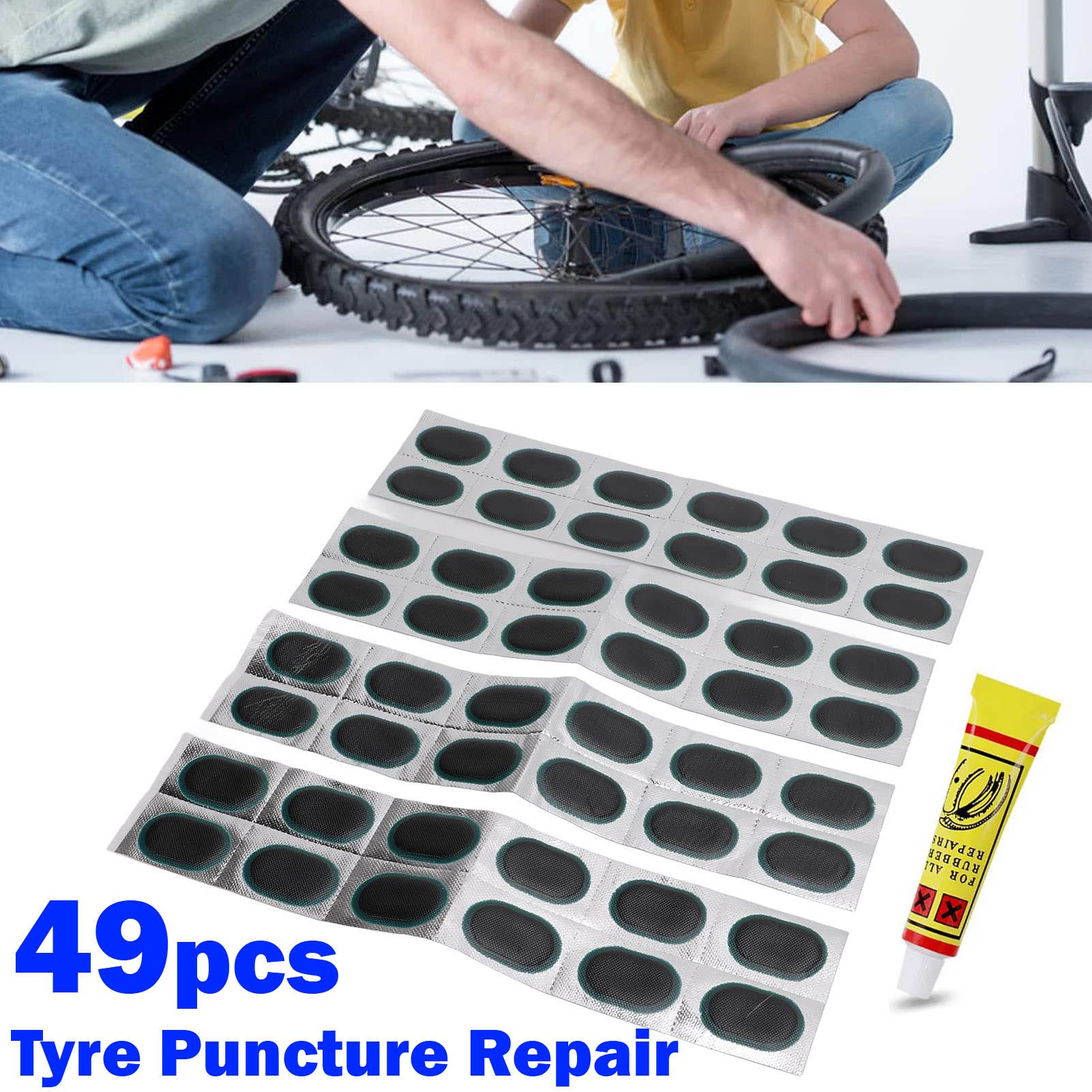 49pcs Bike / Bicycle Puncture Repair Kit 48 Medium Cold Patches Strong-Tire Repair Glue Vulcanization Road Mountain Tyre Inner Tube Puncture Repair Cement Rubber Cold Patch Solution Kit