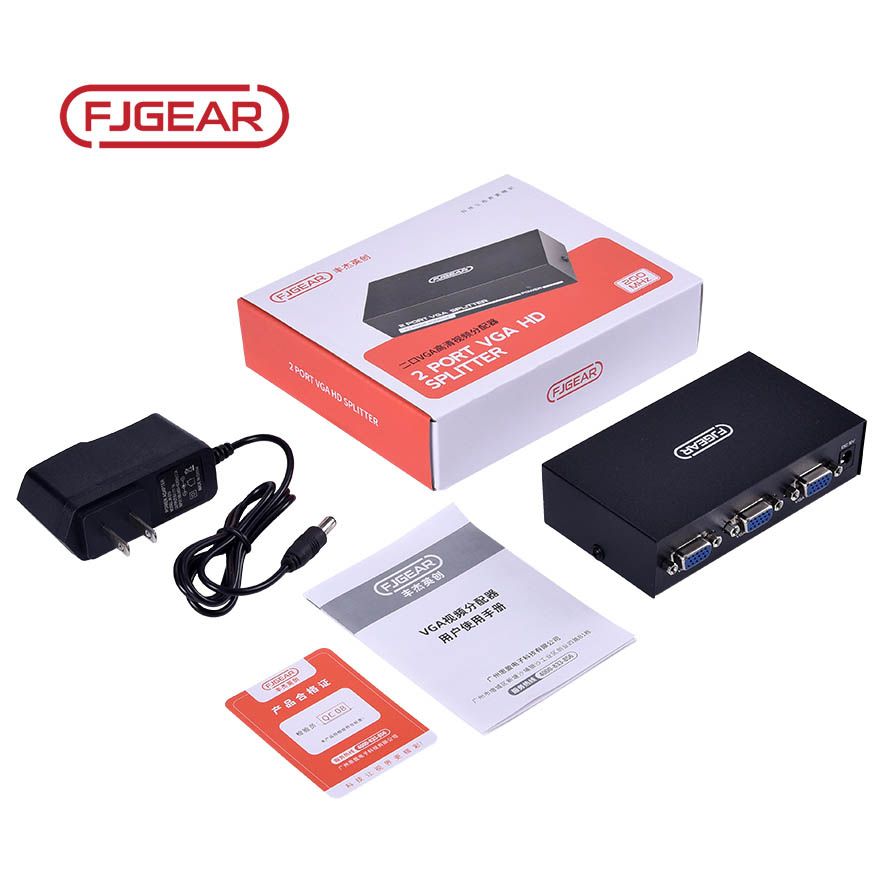 FJGEAR 2 Port VGA HD Splitter 200Mhz FJ-2002 High Quality 30 Meters Remote Transmission 1 Input 2 Output Resolution 1920x1440 Video Supports VGA,XGA,SVGA,UXGA