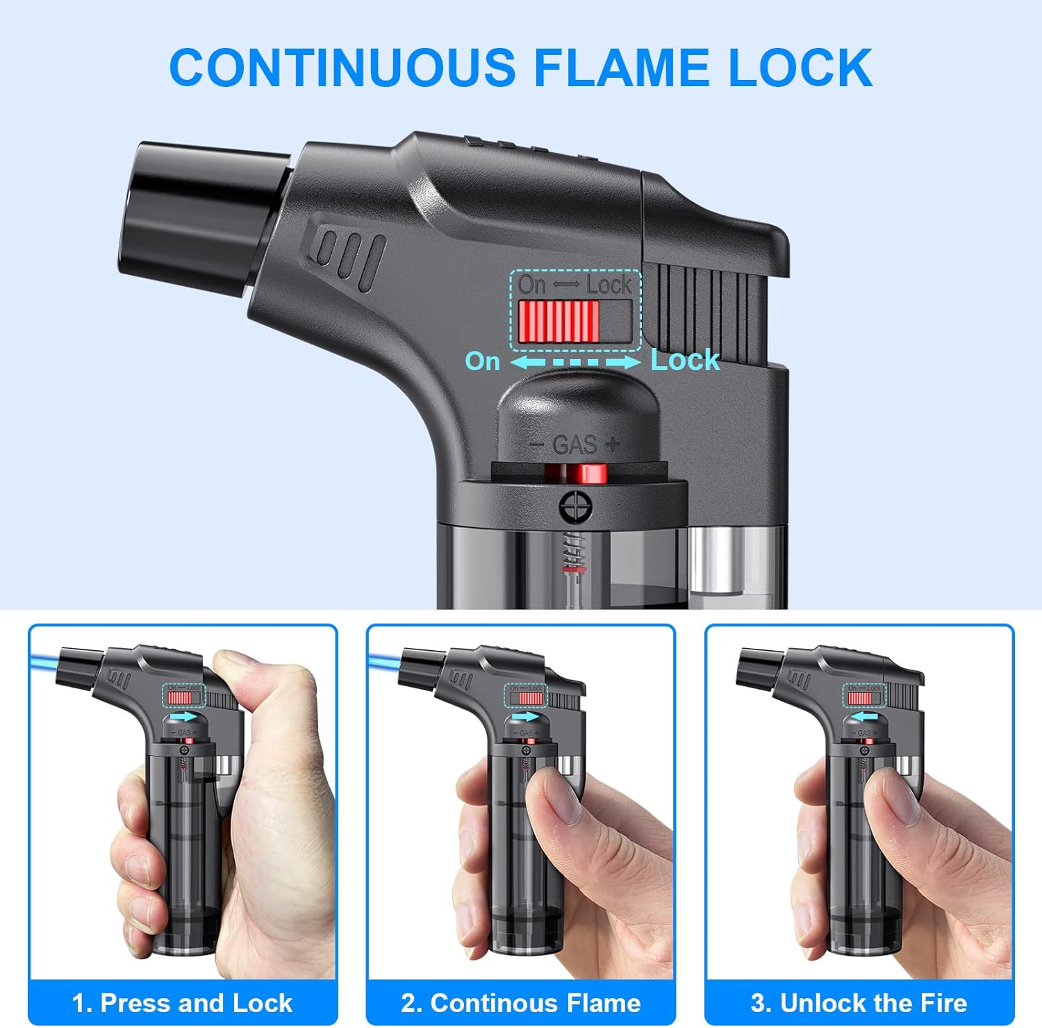 Butane Refillable Jet Flame Gun Torch Lighter, Windproof, Safe, Multi Utility Lighter for Candles, Fireplaces, Campfires, Grill