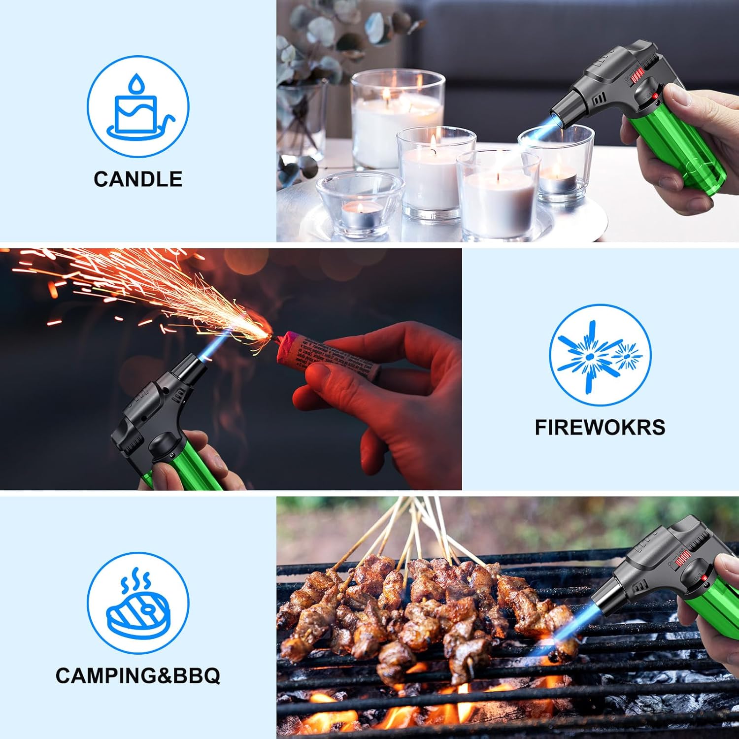 Butane Refillable Jet Flame Gun Torch Lighter, Windproof, Safe, Multi Utility Lighter for Candles, Fireplaces, Campfires, Grill
