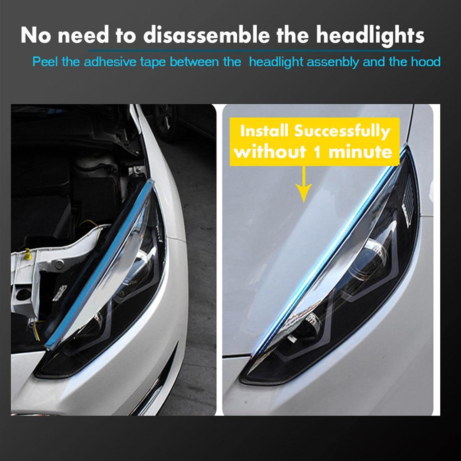 2pcs Car DRL Flexible Waterproof Headlight LED Strip Universal Angel Eye Auto Headlights White + Turn Signal Yellow Indicator Brake 12V DC Flow Sequential Daytime Running Lights Modification 30/45/60