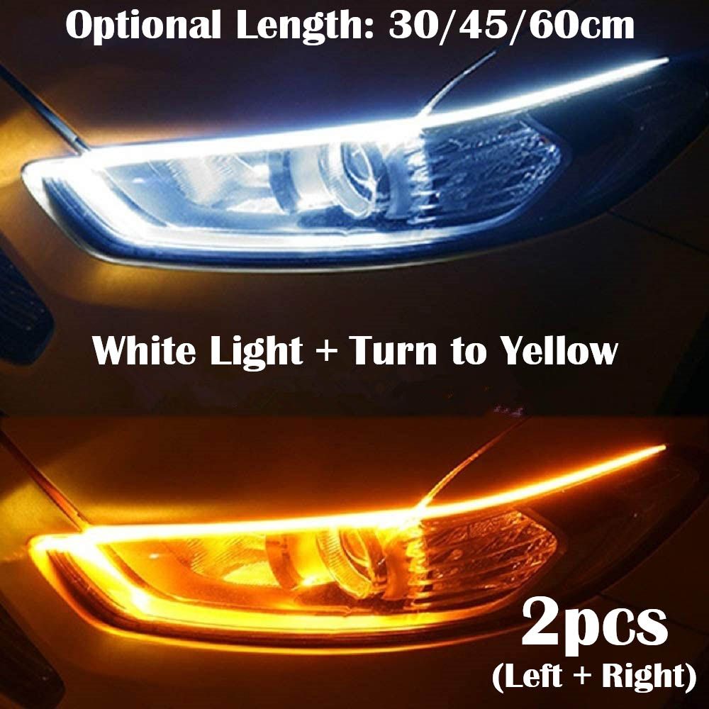 2pcs Car DRL Flexible Waterproof Headlight LED Strip Universal Angel Eye Auto Headlights White + Turn Signal Yellow Indicator Brake 12V DC Flow Sequential Daytime Running Lights Modification 30/45/60