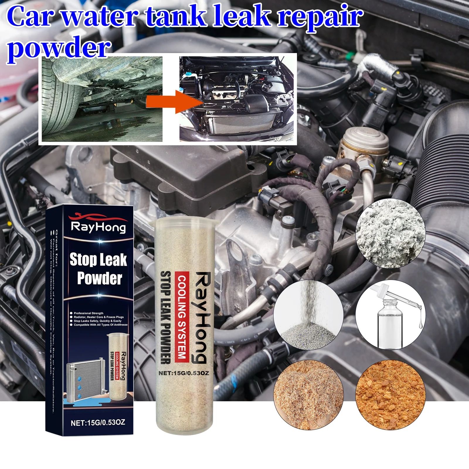 Rayhong Car Radiator Stop Leak Powder 15ml - Anti-Leakage Repair Solution Underwater Quick Fix for Vehicle Cooling System Leaks Sealant - Works with All Antifreeze Coolant Types - Safe for Plastic, Me