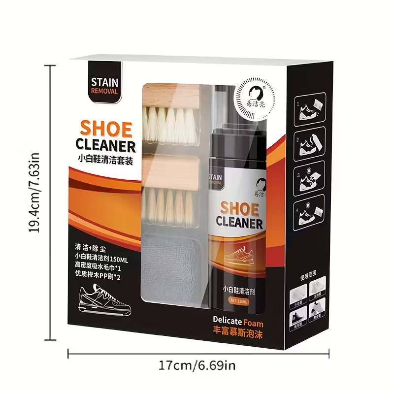 4  in 1 Shoe Cleaner Foam Spray Kit with 2 Brush Types (Hard/Soft Bristles) & Microfiber Cloth Towel - Stain Removal Complete Quick Cleaning Set Versatile Solution for Sneakers, Boots, Sandals, Loafer