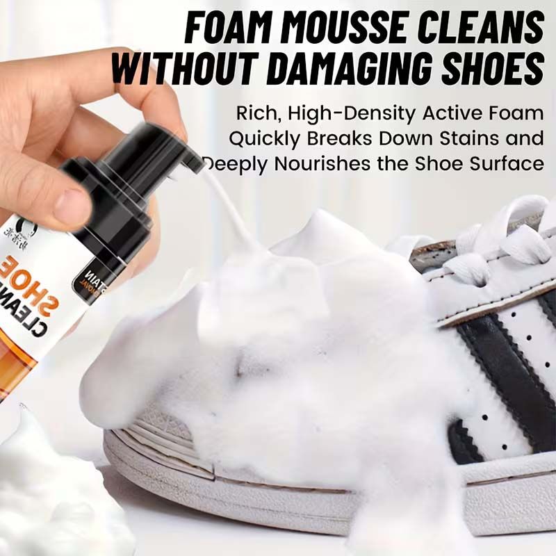 4  in 1 Shoe Cleaner Foam Spray Kit with 2 Brush Types (Hard/Soft Bristles) & Microfiber Cloth Towel - Stain Removal Complete Quick Cleaning Set Versatile Solution for Sneakers, Boots, Sandals, Loafer