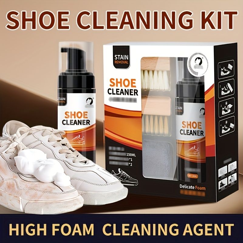 4  in 1 Shoe Cleaner Foam Spray Kit with 2 Brush Types (Hard/Soft Bristles) & Microfiber Cloth Towel - Stain Removal Complete Quick Cleaning Set Versatile Solution for Sneakers, Boots, Sandals, Loafer