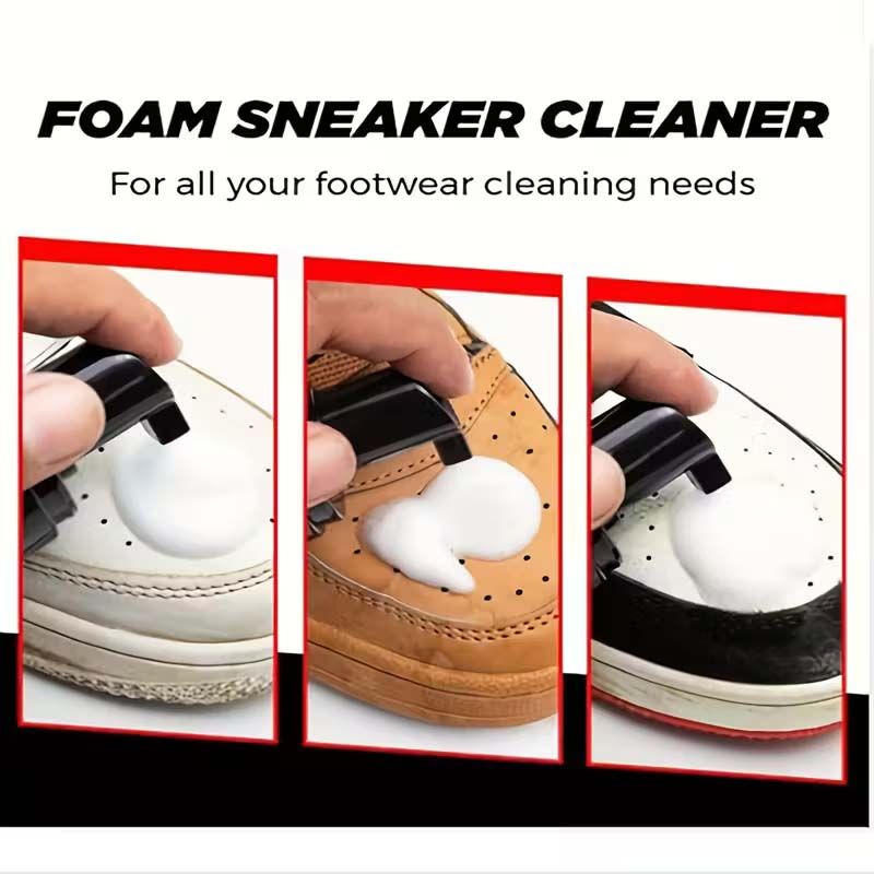 4  in 1 Shoe Cleaner Foam Spray Kit with 2 Brush Types (Hard/Soft Bristles) & Microfiber Cloth Towel - Stain Removal Complete Quick Cleaning Set Versatile Solution for Sneakers, Boots, Sandals, Loafer